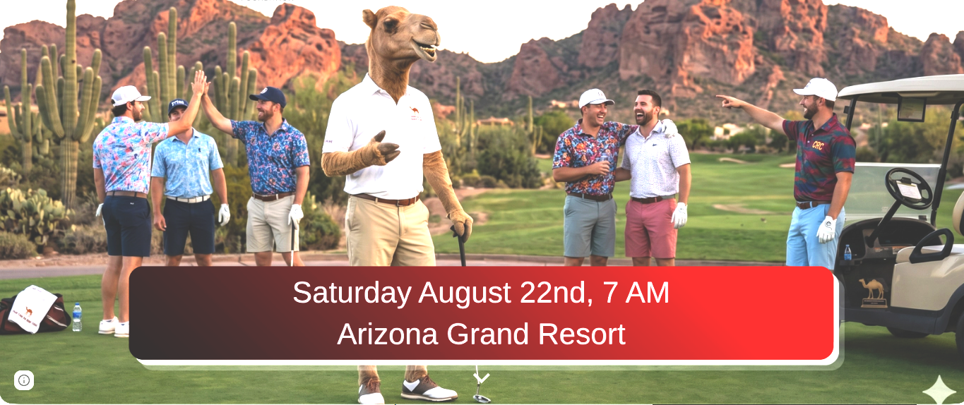Camelback Rugby Web banner camel playing golf with buddies